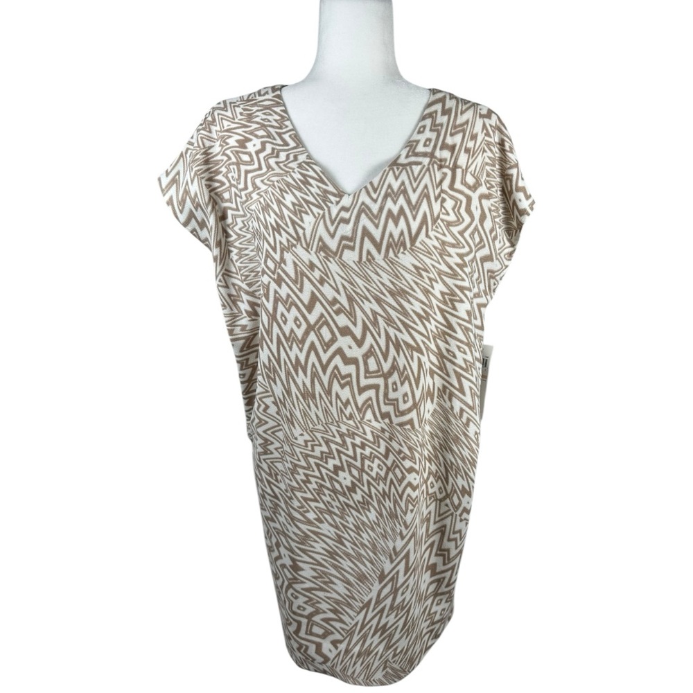 Maggy London V-Neck Taupe White Geo Pattern Tunic Shift Mini Dress Size 2 NWD